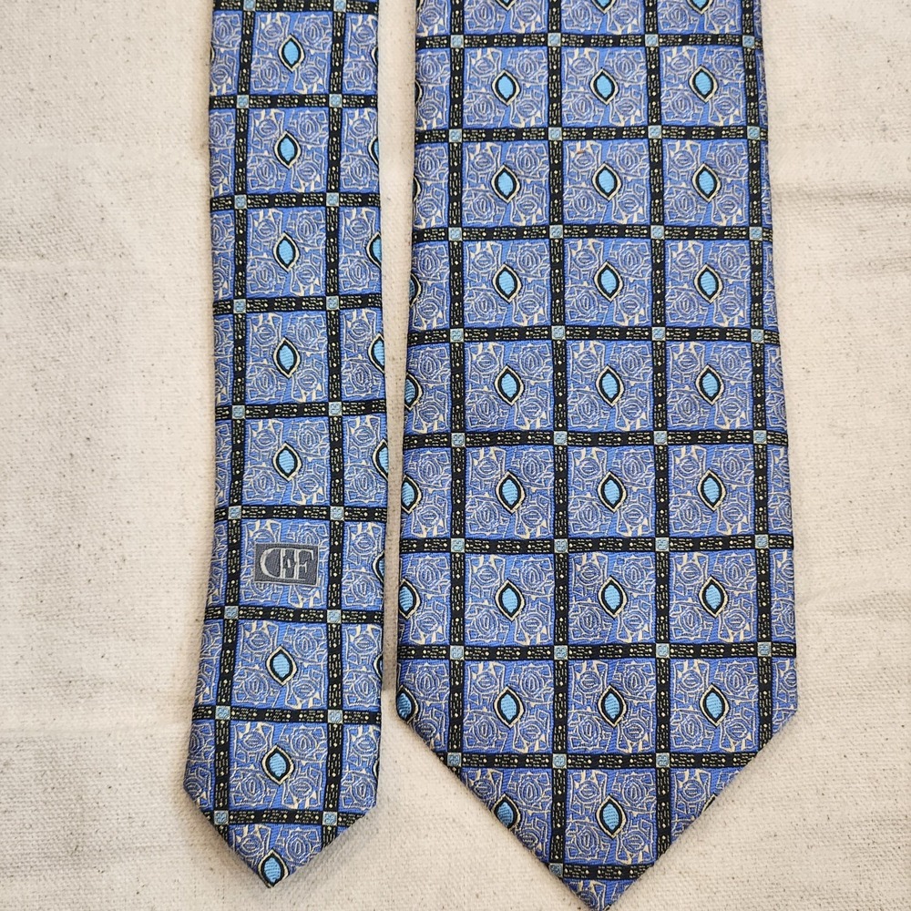 Daniel de Fasson Men's Silk Tie Blue Black Geometric Monogram Trifold Hand Made
